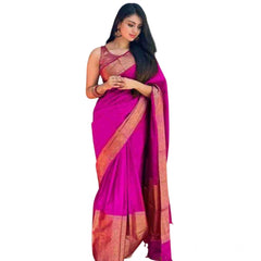 Mayawye Women's Soft Lichi Silk Solid Saree With Unstitched Blouse 5.5Mtr (Pink)