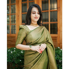 Mayawye Women's Soft Lichi Silk Printed Saree With Unstitched Blouse 5.5Mtr (Green)
