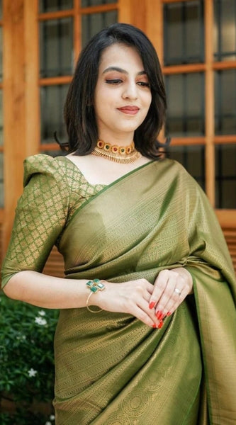 Mayawye Women's Soft Lichi Silk Printed Saree With Unstitched Blouse 5.5Mtr (Green)