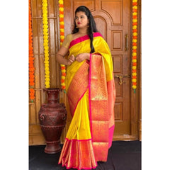 Mayawye Women's Soft Lichi Silk Printed Saree With Unstitched Blouse 5.5Mtr (Yellow)