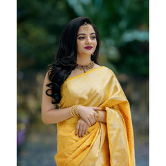 Mayawye Women's Soft Lichi Silk Printed Saree With Unstitched Blouse 5.5Mtr (Yellow)