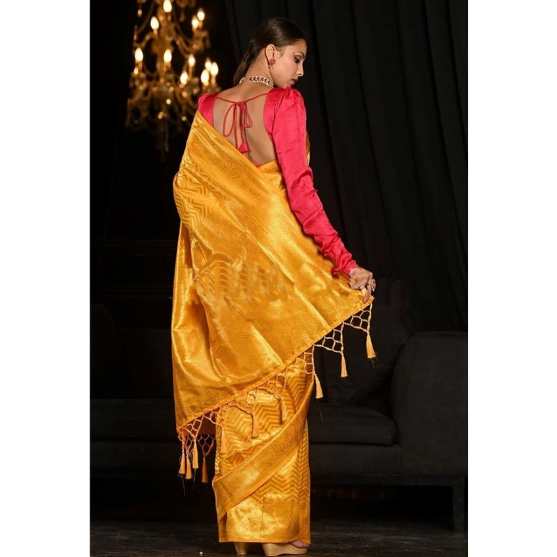 Mayawye Women's Soft Lichi Silk Woven Saree With Unstitched Blouse 5.5Mtr (Yellow)