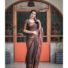 Mayawye Women's Soft Lichi Silk Printed Saree With Unstitched Blouse 5.5Mtr (Brown)