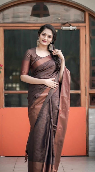 Mayawye Women's Soft Lichi Silk Printed Saree With Unstitched Blouse 5.5Mtr (Brown)