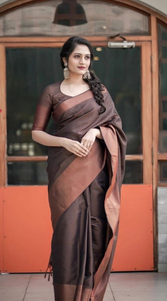 Mayawye Women's Soft Lichi Silk Printed Saree With Unstitched Blouse 5.5Mtr (Brown)
