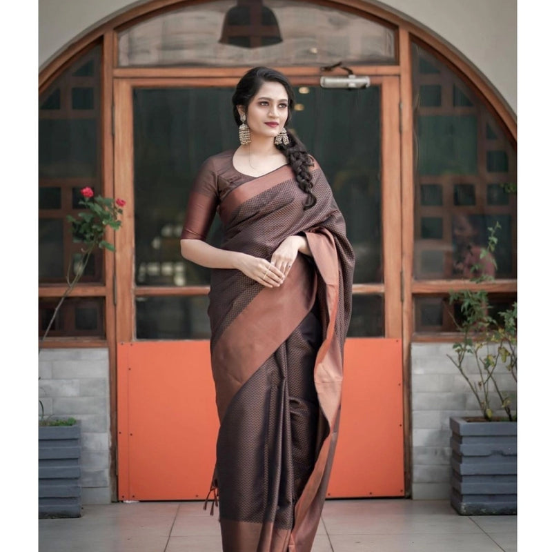 Mayawye Women's Soft Lichi Silk Printed Saree With Unstitched Blouse 5.5Mtr (Brown)