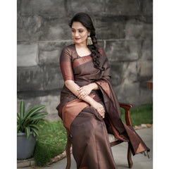 Mayawye Women's Soft Lichi Silk Printed Saree With Unstitched Blouse 5.5Mtr (Brown)