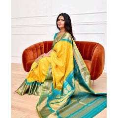 Mayawye Women's Soft Lichi Silk Printed Saree With Unstitched Blouse 5.5Mtr (Yellow)