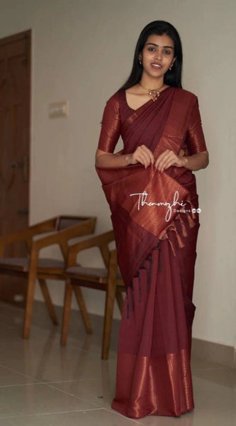 Mayawye Women's Soft Lichi Silk Solid Saree With Unstitched Blouse 5.5Mtr (Maroon)
