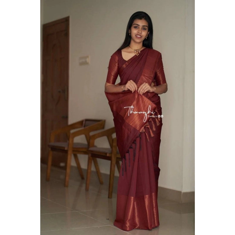 Mayawye Women's Soft Lichi Silk Solid Saree With Unstitched Blouse 5.5Mtr (Maroon)