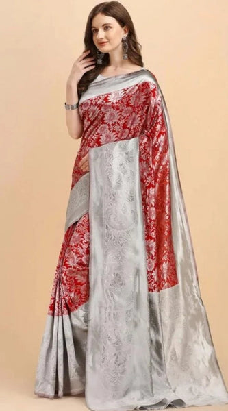 Mayawye Women's Soft Lichi Silk Printed Saree With Unstitched Blouse 5.5Mtr (Red)