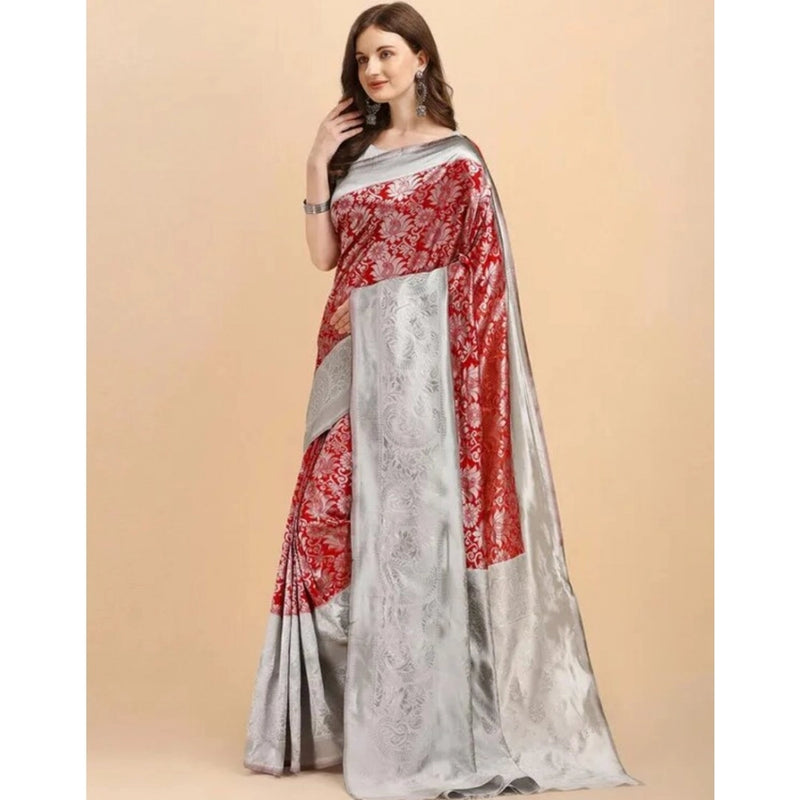 Mayawye Women's Soft Lichi Silk Printed Saree With Unstitched Blouse 5.5Mtr (Red)
