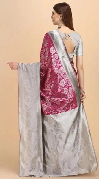 Mayawye Women's Soft Lichi Silk Printed Saree With Unstitched Blouse 5.5Mtr (Pink)