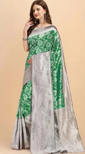 Mayawye Women's Soft Lichi Silk Printed Saree With Unstitched Blouse 5.5Mtr (Green)
