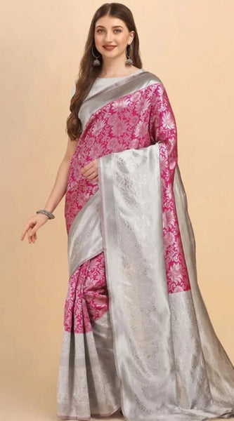 Mayawye Women's Soft Lichi Silk Printed Saree With Unstitched Blouse 5.5Mtr (Pink)