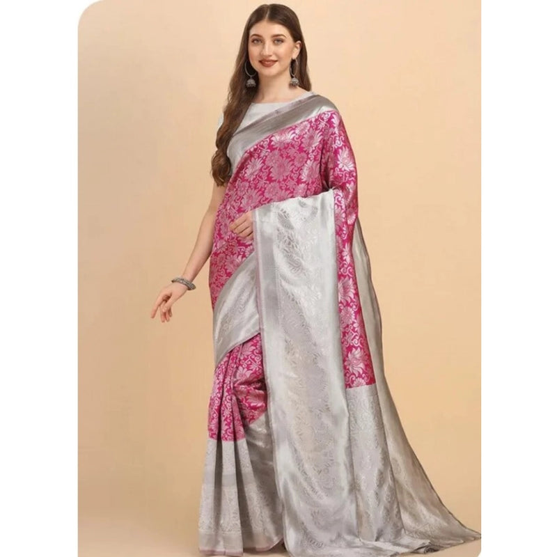 Mayawye Women's Soft Lichi Silk Printed Saree With Unstitched Blouse 5.5Mtr (Pink)
