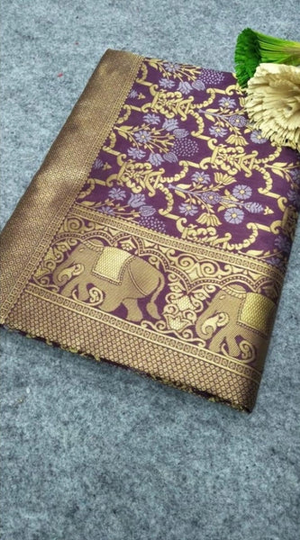 Mayawye Women's Soft Lichi Silk Printed Saree With Unstitched Blouse 5.5Mtr (Purple)