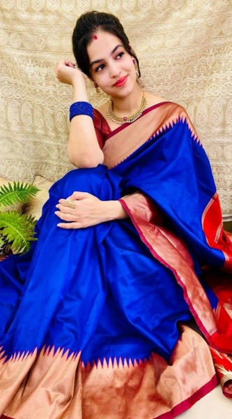 Mayawye Women's Soft Lichi Silk Solid Saree With Unstitched Blouse 5.5Mtr (Blue)