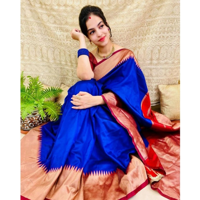 Mayawye Women's Soft Lichi Silk Solid Saree With Unstitched Blouse 5.5Mtr (Blue)