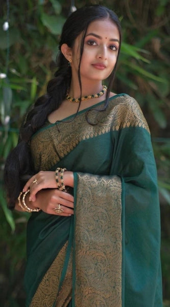 Mayawye Women's Soft Lichi Silk Solid Saree With Unstitched Blouse 5.5Mtr (Green)
