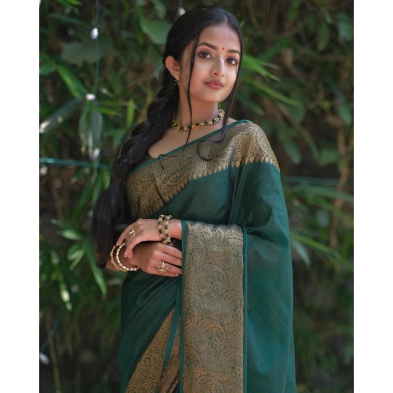 Mayawye Women's Soft Lichi Silk Solid Saree With Unstitched Blouse 5.5Mtr (Green)