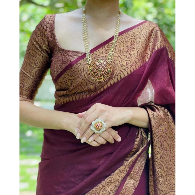 Mayawye Women's Soft Lichi Silk Solid Saree With Unstitched Blouse 5.5Mtr (Maroon)