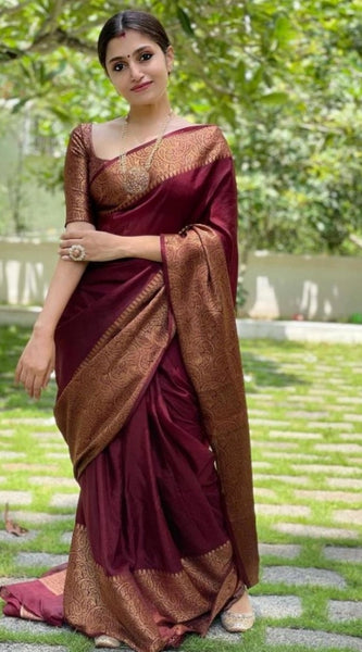 Mayawye Women's Soft Lichi Silk Solid Saree With Unstitched Blouse 5.5Mtr (Maroon)