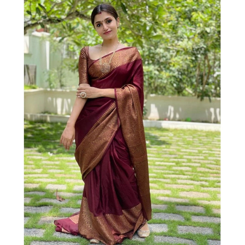 Mayawye Women's Soft Lichi Silk Solid Saree With Unstitched Blouse 5.5Mtr (Maroon)