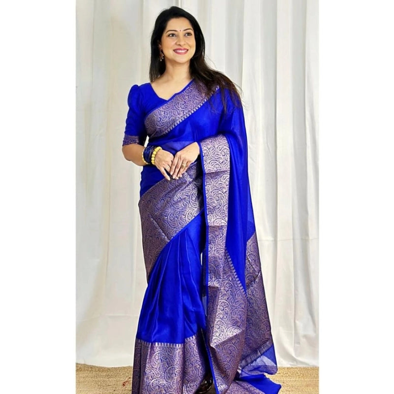 Mayawye Women's Soft Lichi Silk Solid Saree With Unstitched Blouse 5.5Mtr (Blue)