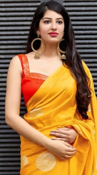 Mayawye Women's Soft Lichi Silk Printed Saree With Unstitched Blouse 5.5Mtr (Yellow)