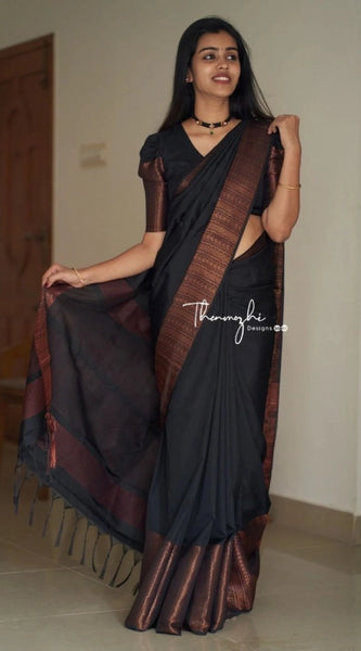 Mayawye Women's Soft Lichi Silk Solid Saree With Unstitched Blouse 5.5Mtr (Black)
