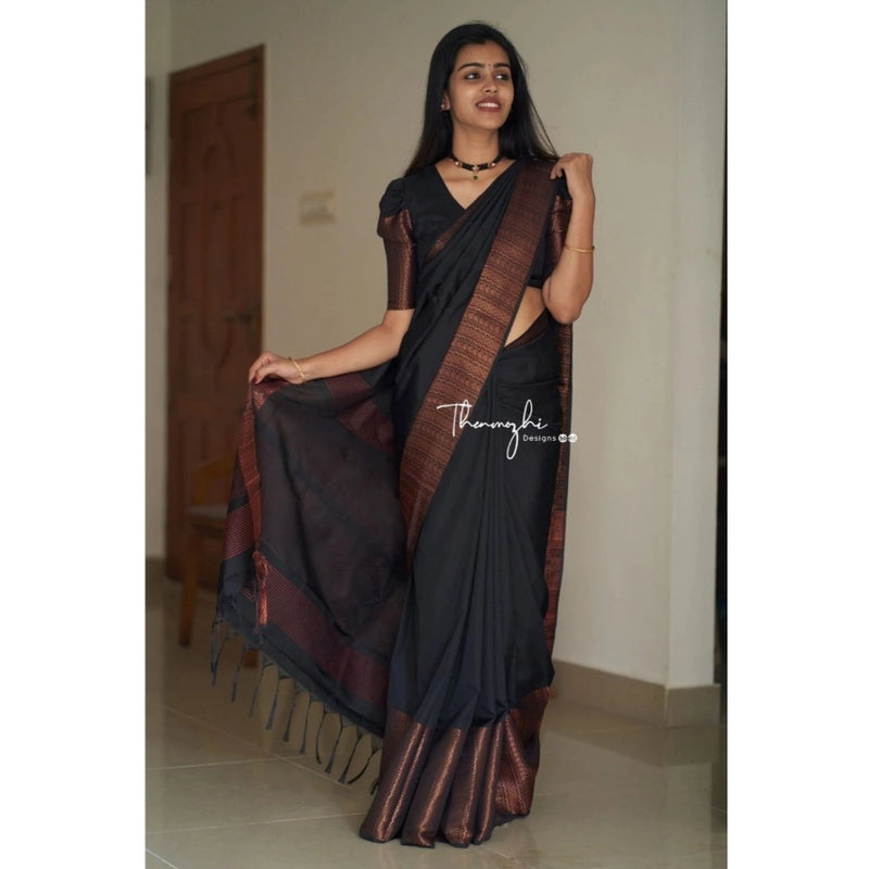 Mayawye Women's Soft Lichi Silk Solid Saree With Unstitched Blouse 5.5Mtr (Black)
