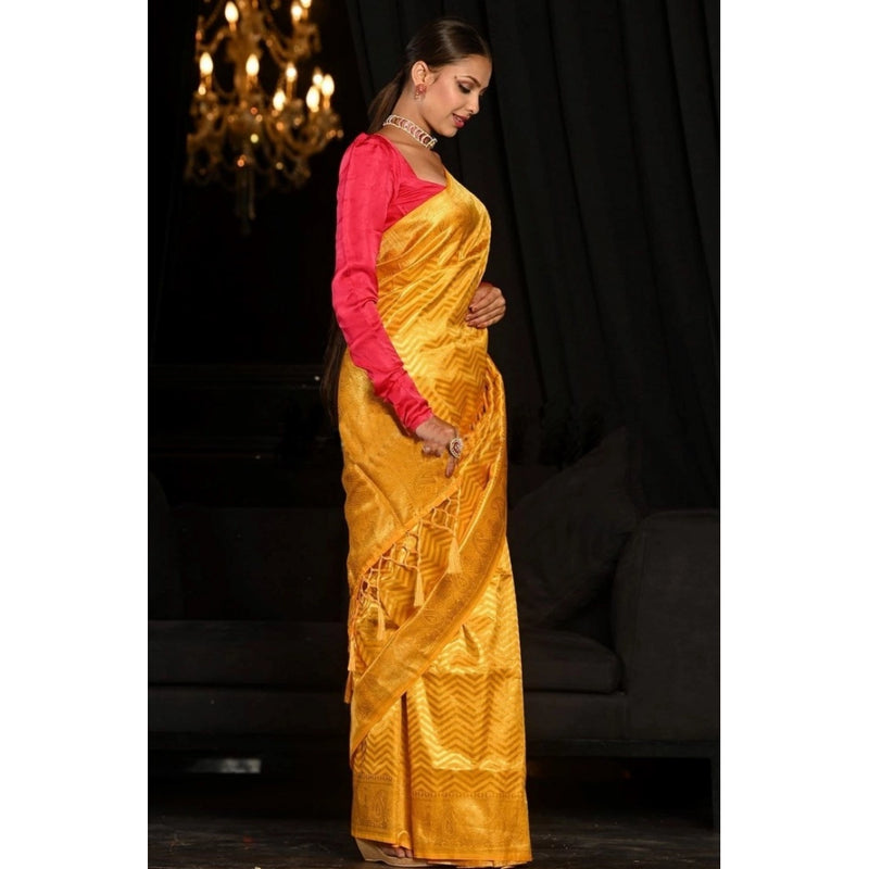 Mayawye Women's Soft Lichi Silk Woven Saree With Unstitched Blouse 5.5Mtr (Yellow)