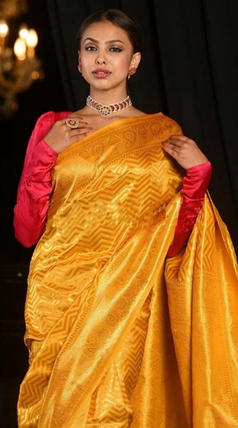 Mayawye Women's Soft Lichi Silk Woven Saree With Unstitched Blouse 5.5Mtr (Yellow)