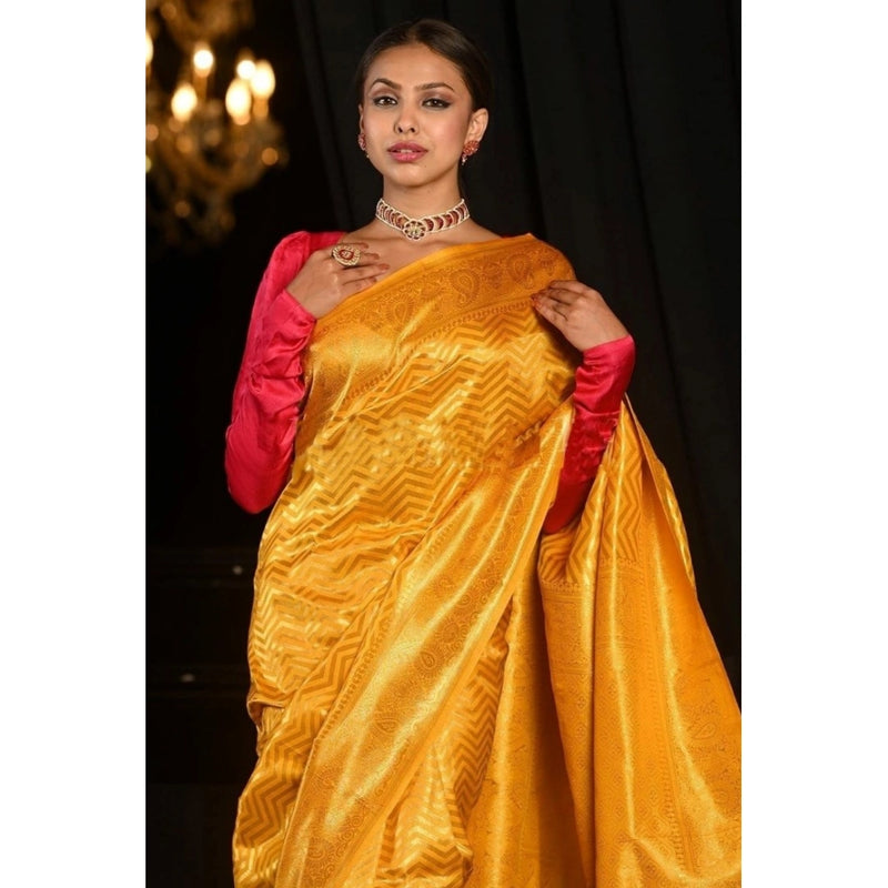 Mayawye Women's Soft Lichi Silk Woven Saree With Unstitched Blouse 5.5Mtr (Yellow)