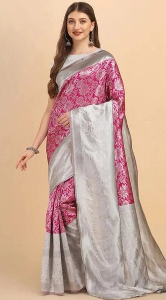 Mayawye Women's Soft Lichi Silk Printed Saree With Unstitched Blouse 5.5Mtr (Pink)