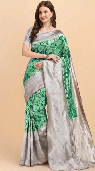 Mayawye Women's Soft Lichi Silk Printed Saree With Unstitched Blouse 5.5Mtr (Green)