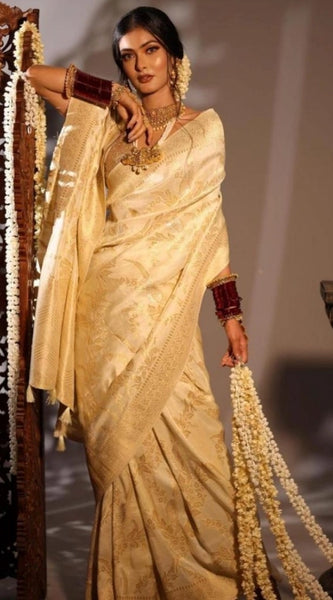 Mayawye Women's Soft Lichi Silk Printed Saree With Unstitched Blouse 5.5Mtr (Golden)