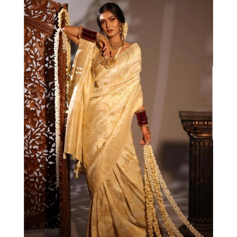 Mayawye Women's Soft Lichi Silk Printed Saree With Unstitched Blouse 5.5Mtr (Golden)