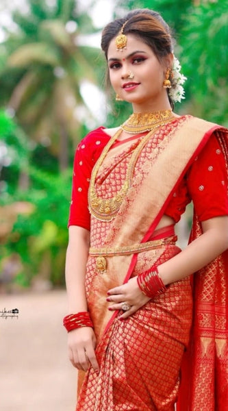 Mayawye Women's Soft Lichi Silk Printed Saree With Unstitched Blouse 5.5Mtr (Red)