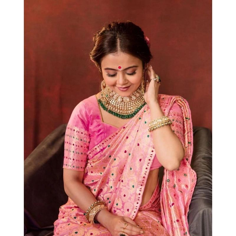 Mayawye Women's Soft Lichi Silk Printed Saree With Unstitched Blouse 5.5Mtr (Pink)