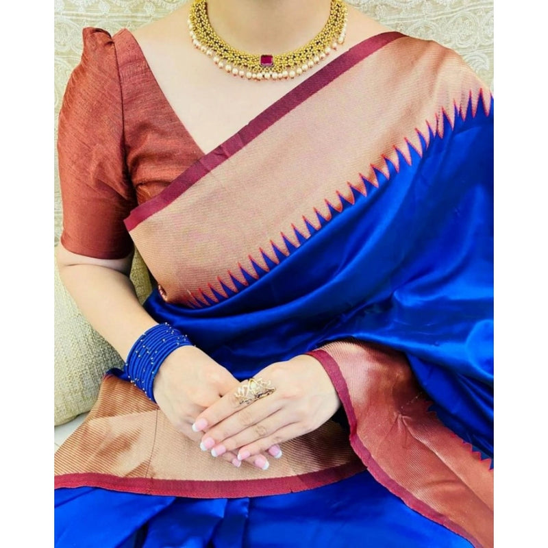 Mayawye Women's Soft Lichi Silk Solid Saree With Unstitched Blouse 5.5Mtr (Blue)