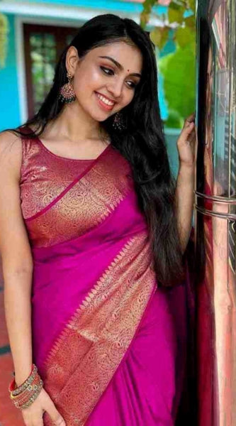 Mayawye Women's Soft Lichi Silk Solid Saree With Unstitched Blouse 5.5Mtr (Pink)