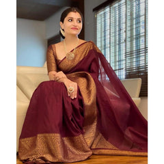 Mayawye Women's Soft Lichi Silk Solid Saree With Unstitched Blouse 5.5Mtr (Maroon)