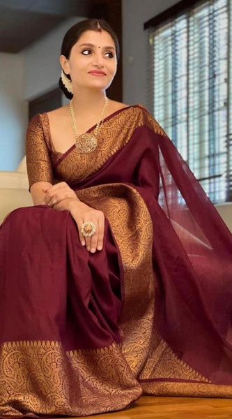 Mayawye Women's Soft Lichi Silk Solid Saree With Unstitched Blouse 5.5Mtr (Maroon)