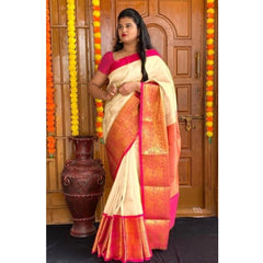 Mayawye Women's Soft Lichi Silk Printed Saree With Unstitched Blouse 5.5Mtr (Cream)