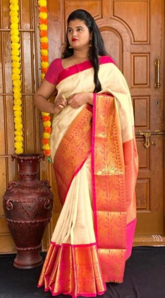 Mayawye Women's Soft Lichi Silk Printed Saree With Unstitched Blouse 5.5Mtr (Cream)