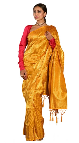 Mayawye Women's Soft Lichi Silk Woven Saree With Unstitched Blouse 5.5Mtr (Yellow)