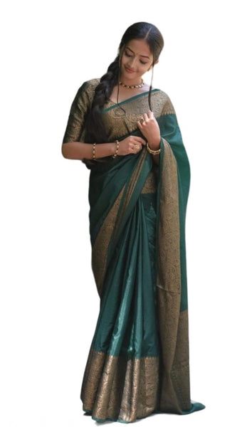 Mayawye Women's Soft Lichi Silk Solid Saree With Unstitched Blouse 5.5Mtr (Green)