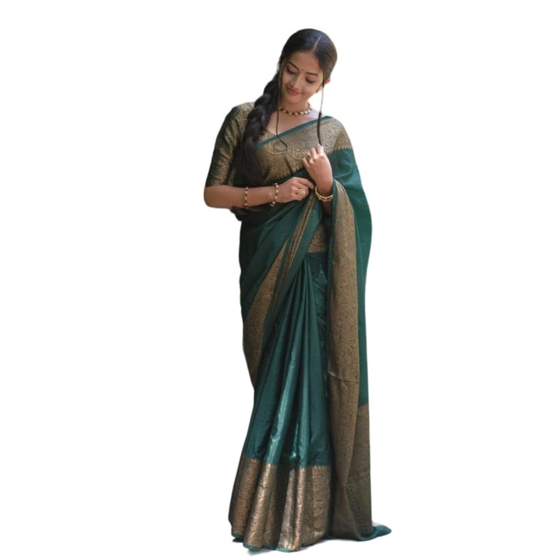 Mayawye Women's Soft Lichi Silk Solid Saree With Unstitched Blouse 5.5Mtr (Green)